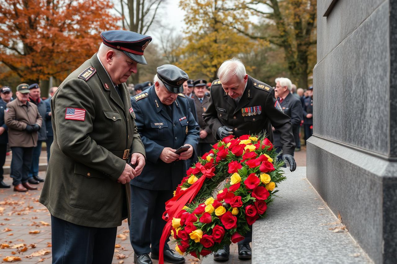 Weterani składający wieniec pod pomnikiem